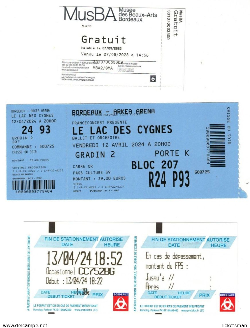 Lot Tickets Bordeaux 2023, Spring 2024 Parking Car, Lac Des Cygnes à L'Arena, Visite Musée Des Beaux Arts - Eintrittskarten