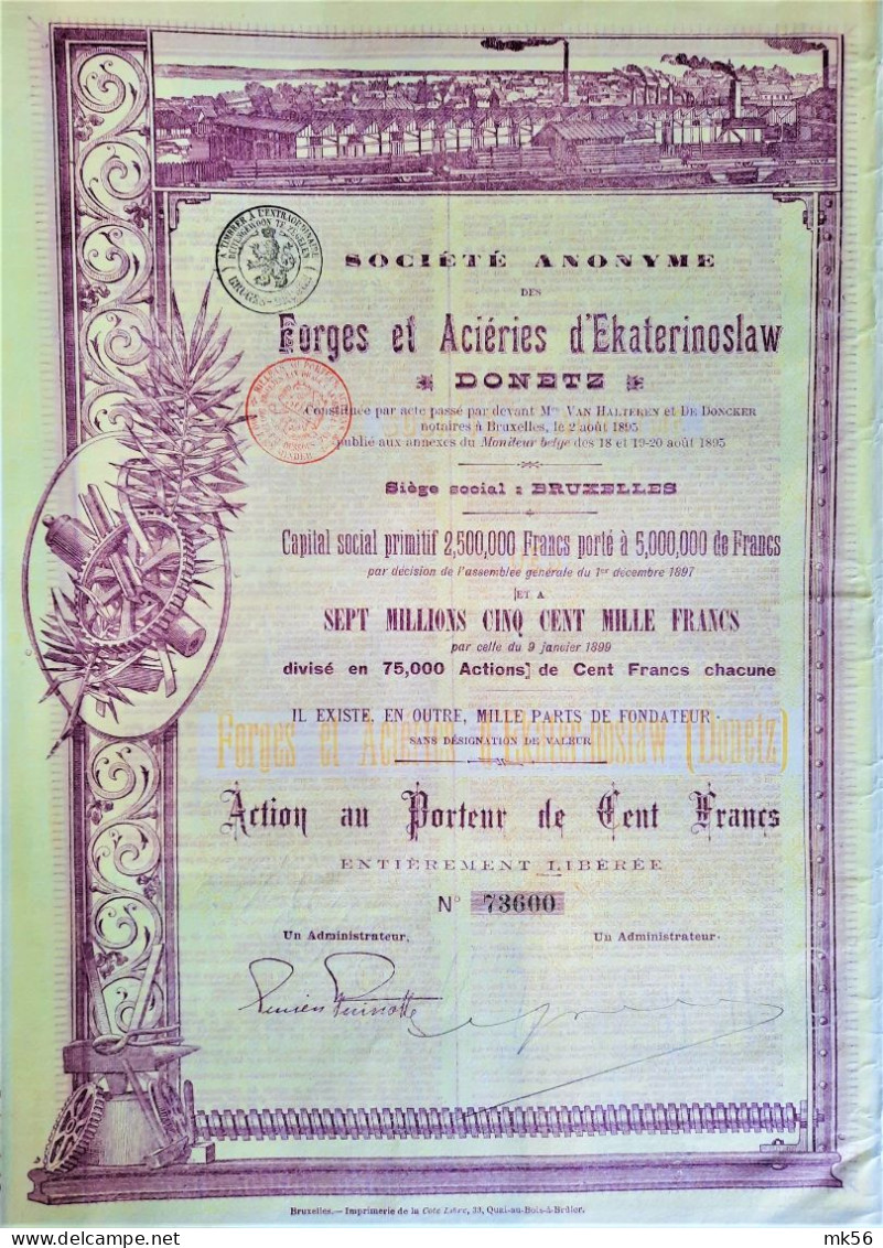 Forges Et Aciéres D'Ekaterinoslaw - Act.au.p.de 100 Francs (1895) - Rusland