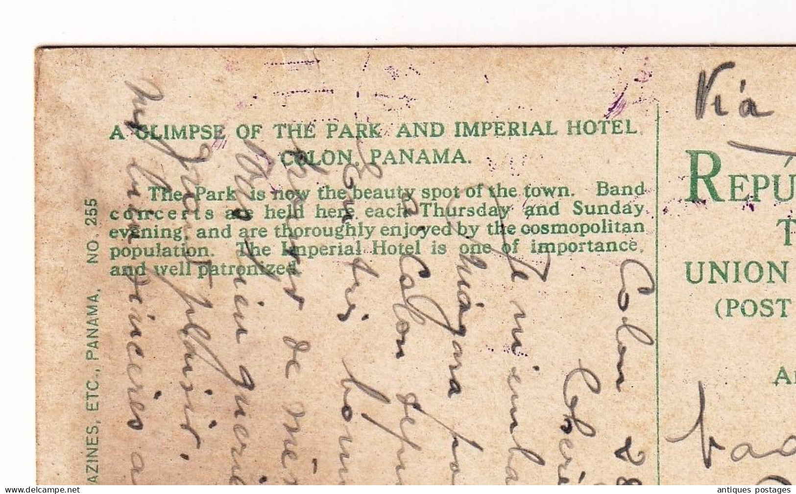 Republica de Panama Colón 1917 Imperial Hotel Glimpse of the Park Paris Via New York Saulnier Laprade