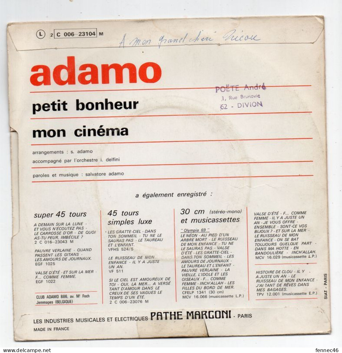 Vinyle  45T -   Adamo - Petit Bonheur , Mon Cinéma - Andere - Franstalig