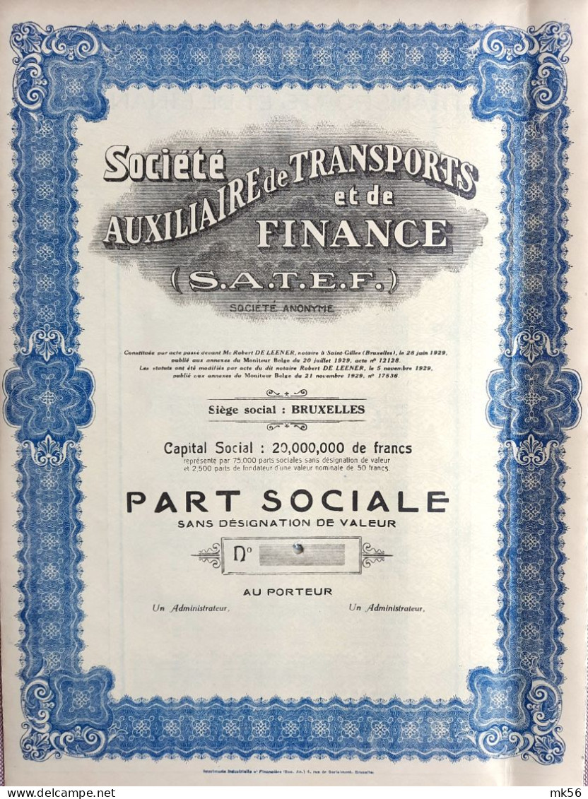 Société Auxiliaire De Transports Et De Finance  (S.A.T.E.F.) Bruxelles - 1929 - Non-émis - Altri & Non Classificati