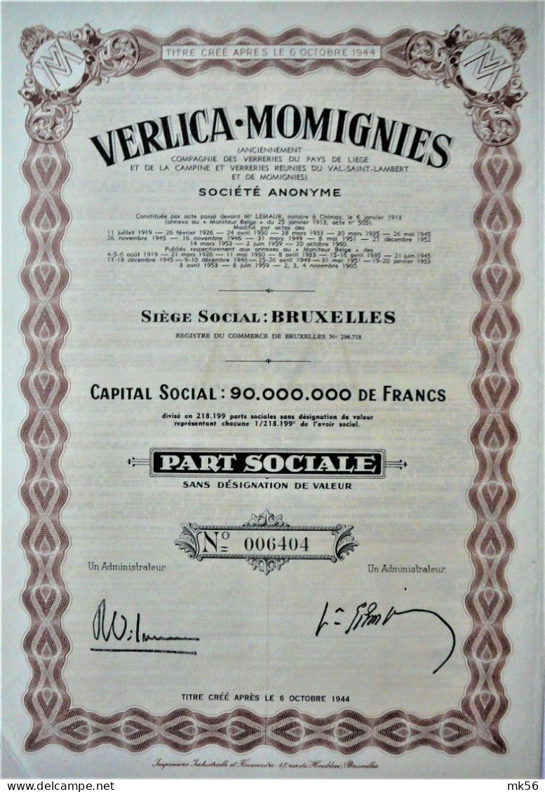 S.A. Verlica-Momignies - Part Sociale - Bruxelles - Industrie