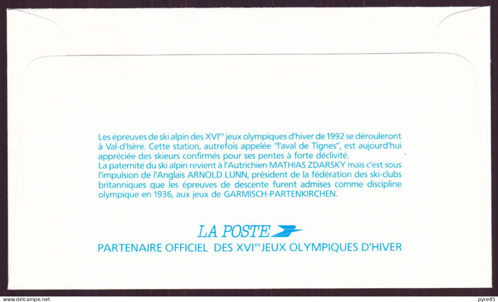 France, FDC, Enveloppe Du 3 Août 1991 à Val D'Isère , Jeux Olympiques " Ski Alpin " - 1990-1999