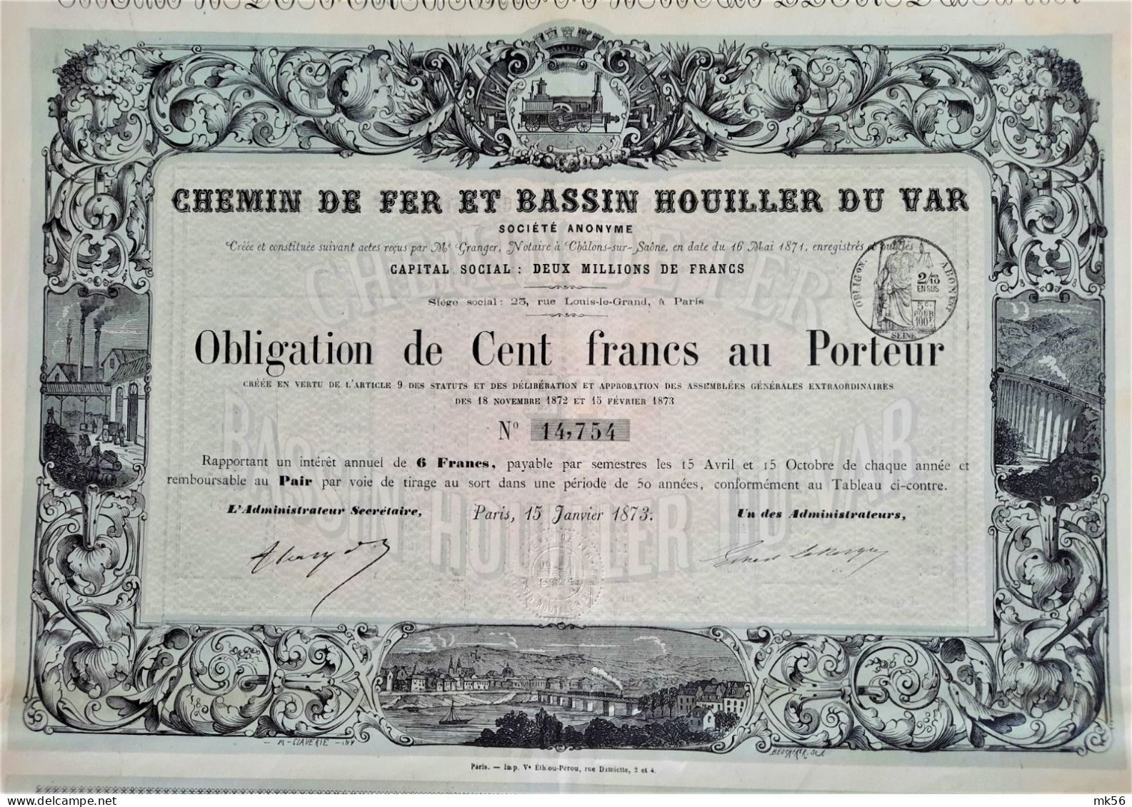 Chemin De Fer Et Bassin Houiller Du Var - 1873 - Paris - Obligation De 100 Francs - Spoorwegen En Trams