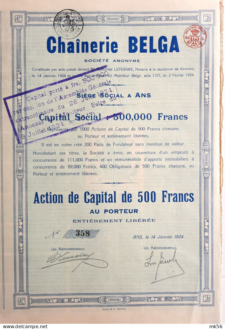 Chaînerie Belga - 1924 - Ans - Action De Capital De 500 Francs - Industrie