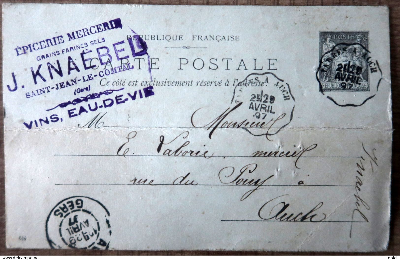 Carte Postale Entier 10c Type Sage - Repiquage "J.KNAEBEL  Saint Jean Le Comtal (Gers)" 1897 - Cartoline Postali E Su Commissione Privata TSC (ante 1995)