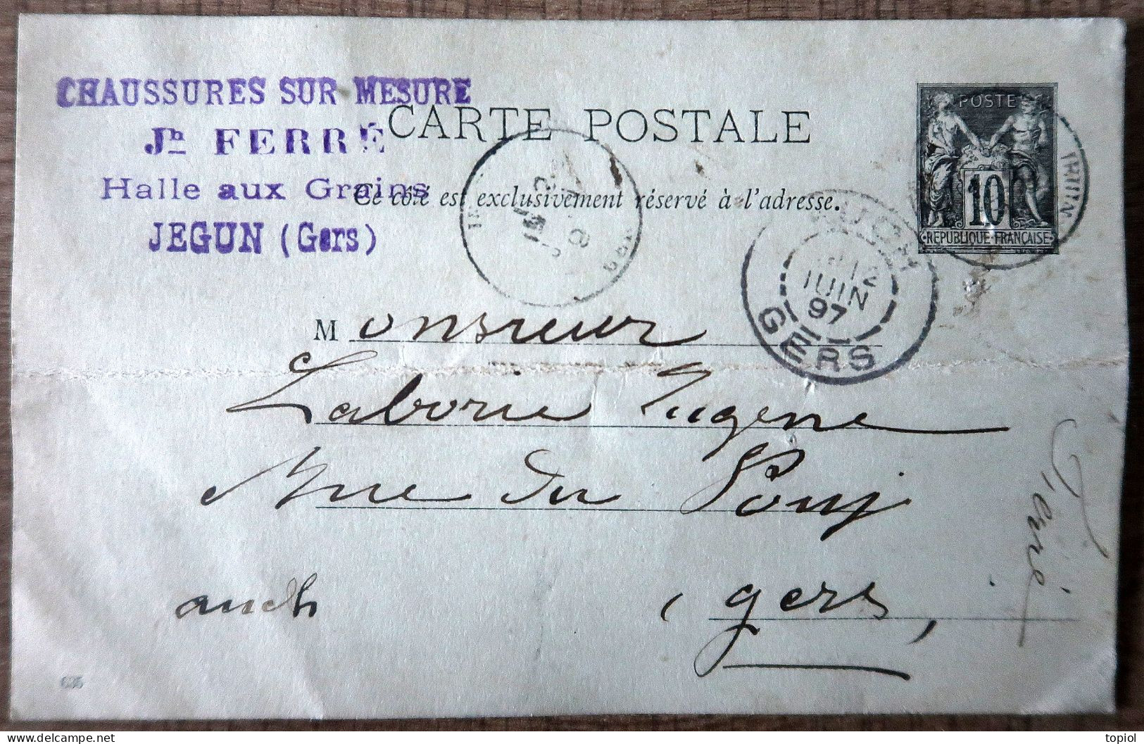 Carte Postale Entier 10c Type Sage - Repiquage "Jh.FERRE Jégun (Gers)" 1897 - Standaardpostkaarten En TSC (Voor 1995)