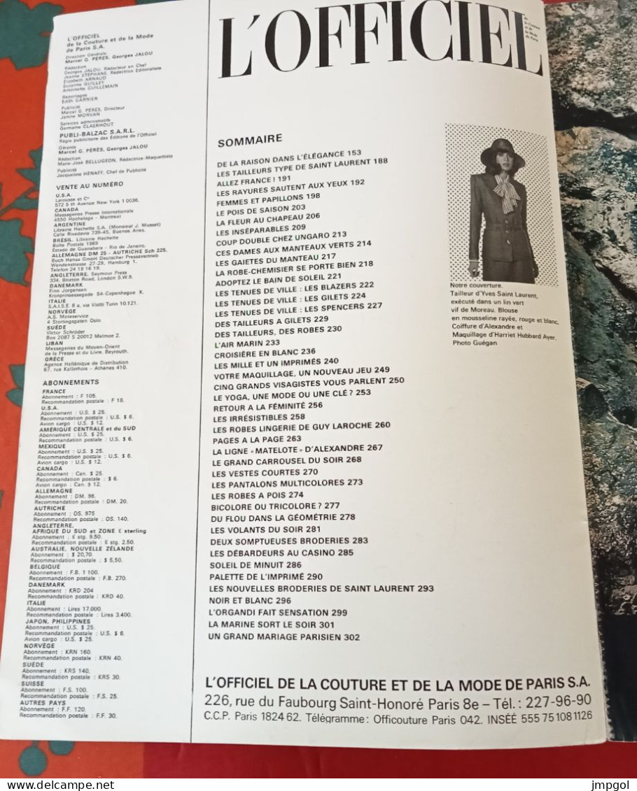 Officiel de la Couture et de la Mode de Paris Mars 1972 Collections Printemps Saint Laurent Carven Chanel Dior Ungaro