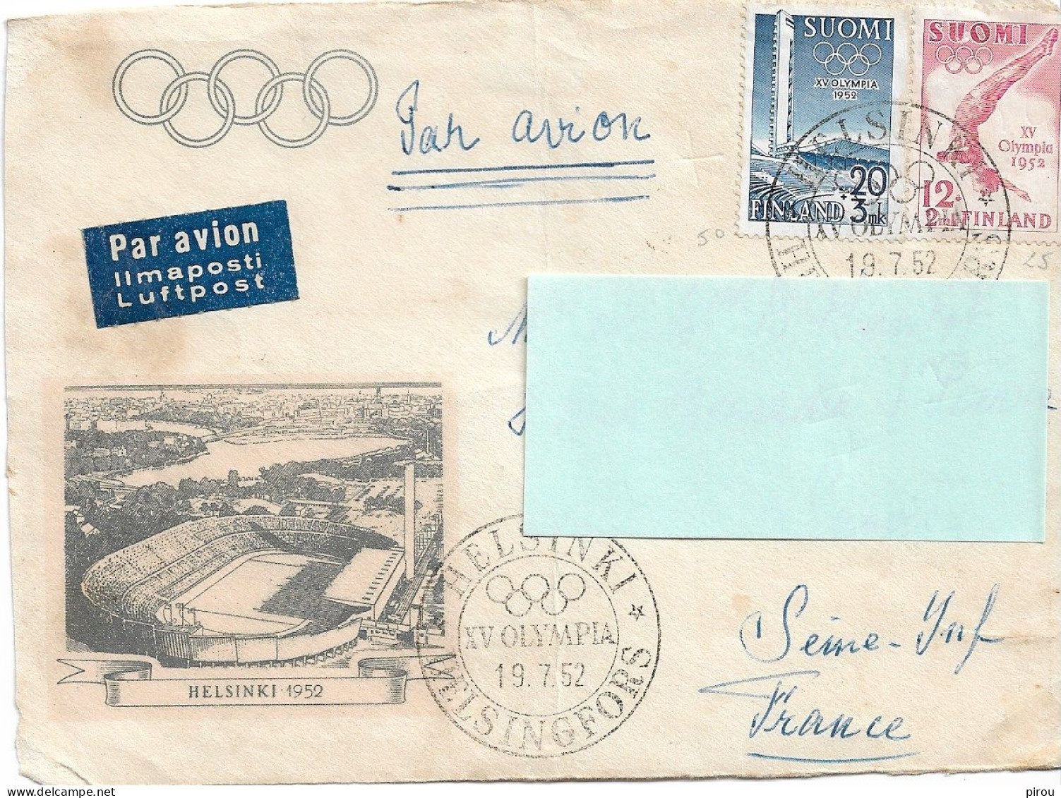 FINLANDE  JEUX OLYMPIQUES D ' HELSINKI 1952 2 TIMBRES SUR ENVELOPPE AVEC CACHET JO ( Recto De L'enveloppe Uniquement ) - Verano 1952: Helsinki