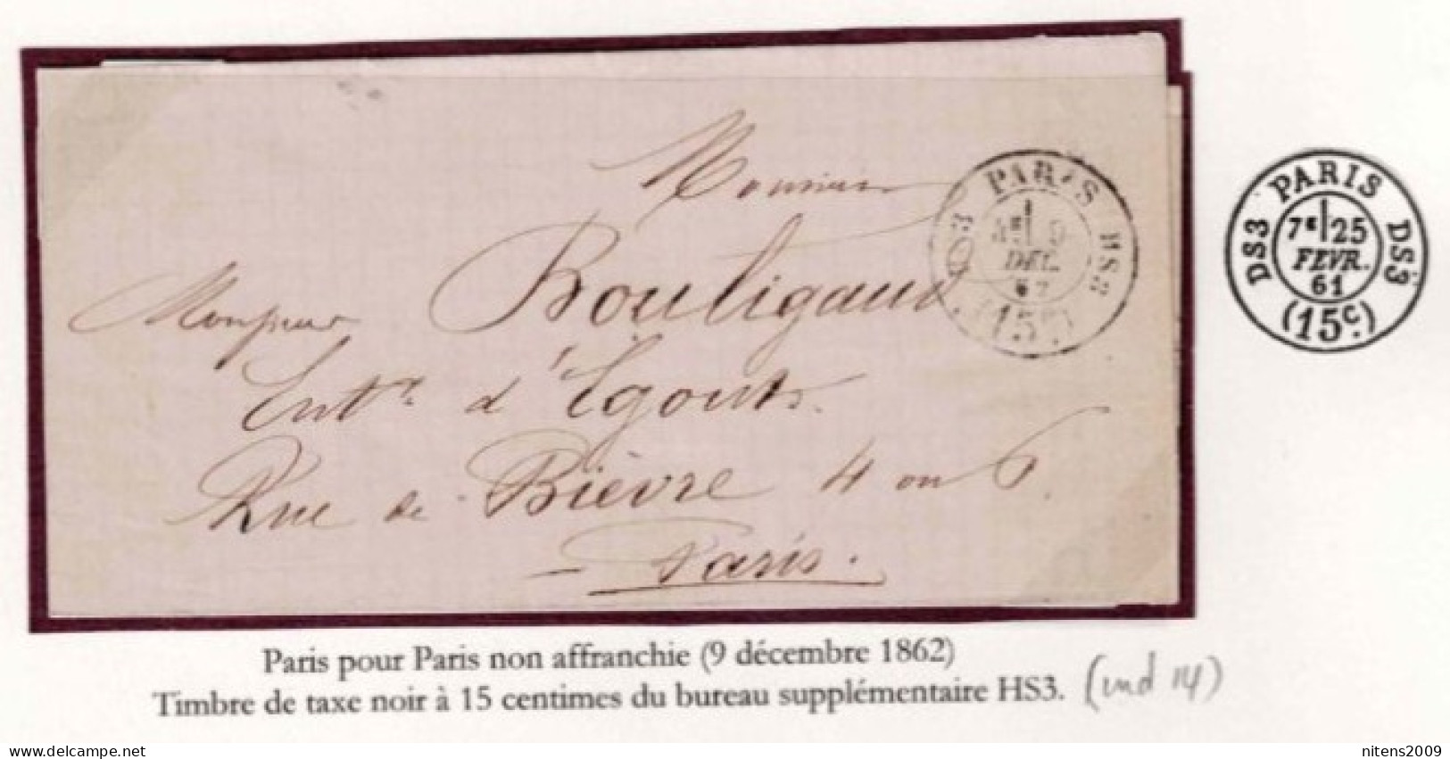 LETTRE PARIS POUR PARIS TIMBRE DE TAXE QUARTIER HS3 (IND 14) À 15 C 9 DÉCEMBRE 1862 SUP - 1849-1876: Période Classique