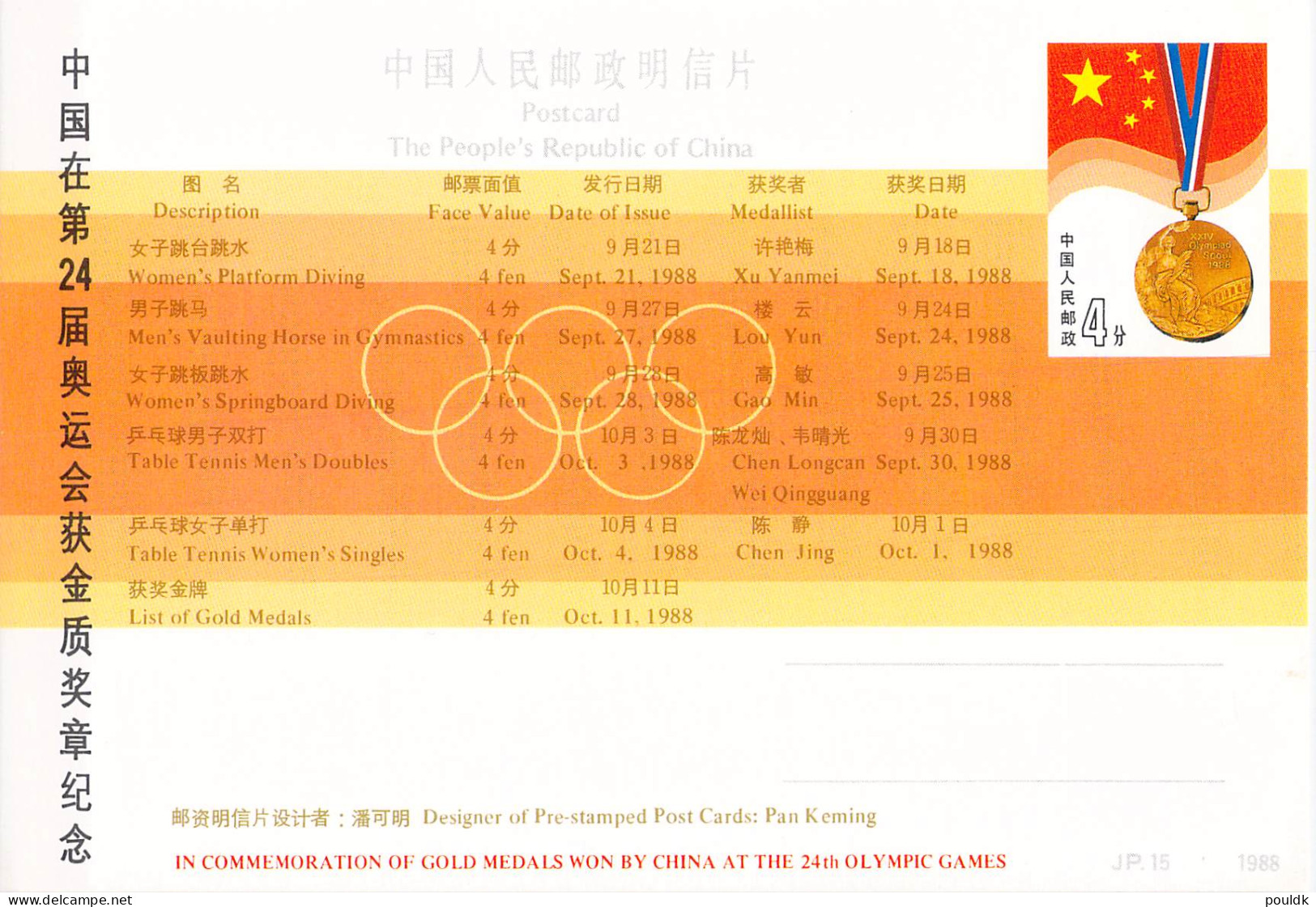 Olympic Games In Seoul 1988 - Six Chinese Postal Stationaries Commerating Gold Medals Mint. Postal Weight Approx - Estate 1988: Seul