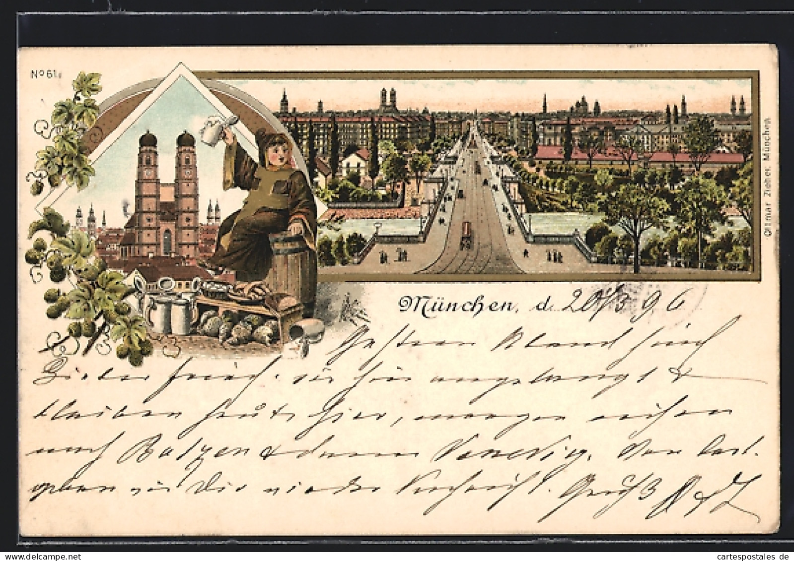 Lithographie München, Frauenkirche, Münchner Kindl, Maximilianbrücke  - München