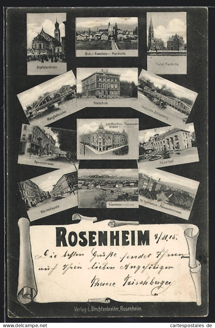 AK Rosenheim, Teilansichten Mit Kgl. Gymnasium, Realschule, Kaiserbad, Bahnhofstrasse  - Rosenheim