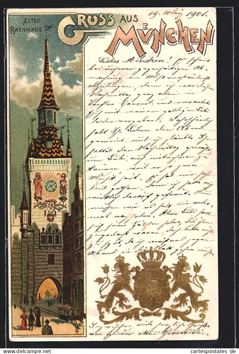 Lithographie München, Altes Rathaus, Geprägtes Wappen  - Muenchen