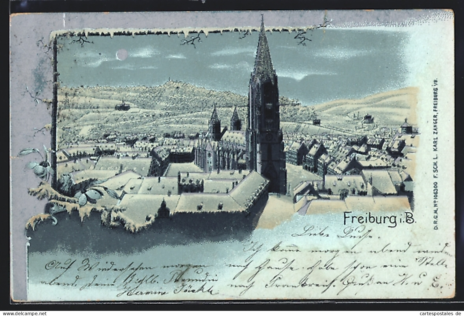 Mondschein-Lithographie Freiburg I. B., Winterliche Ansicht Mit Münster  - Freiburg I. Br.