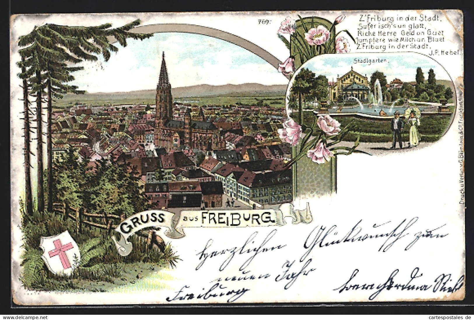 Lithographie Freiburg / Breisgau, Gesamtansicht Und Stadtgarten  - Freiburg I. Br.