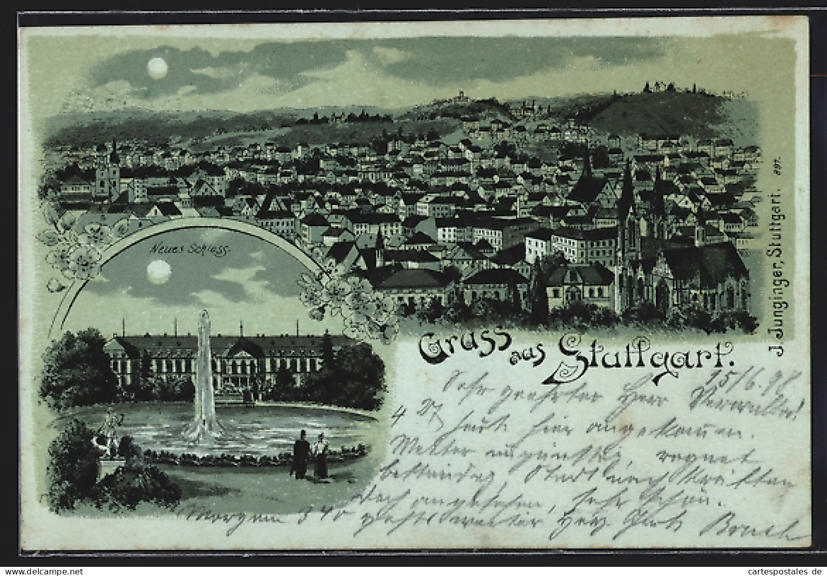 Mondschein-Lithographie Stuttgart, Neues Schloss, Panoramablick über Die Stadt  - Stuttgart