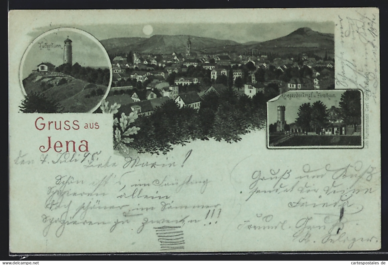 Mondschein-Lithographie Jena, Fuchsthurm, Kriegerdenkmal Und Forsthaus  - Chasse