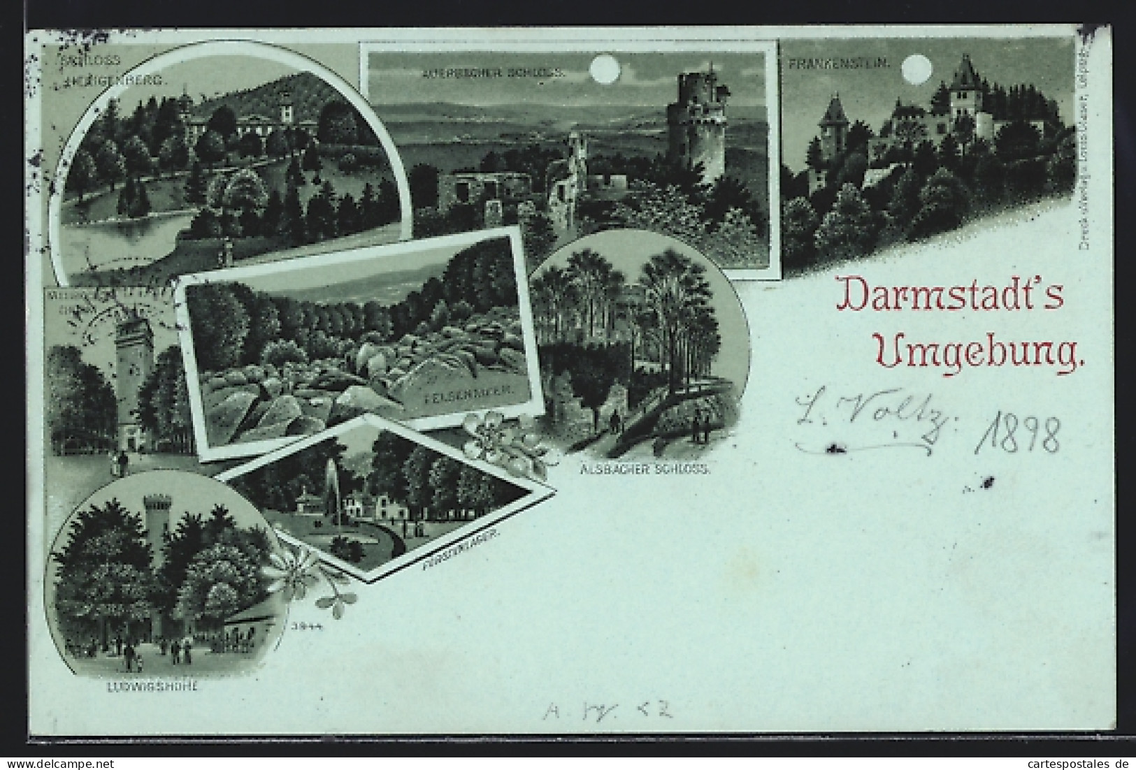 Mondschein-Lithographie Darmstadt, Fürstenlager, Ludwigshöhe, Alsbacher Schloss, Felsenmeer  - Darmstadt