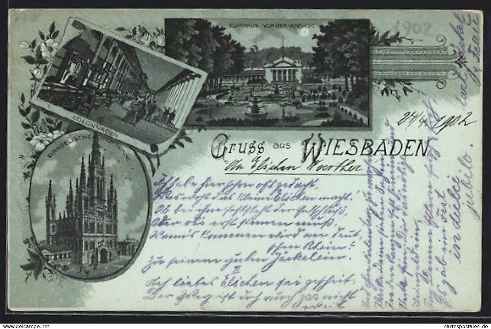 Mondschein-Lithographie Wiesbaden, Curhaus, Colonnaden, Evangelische Hauptkirche  - Wiesbaden