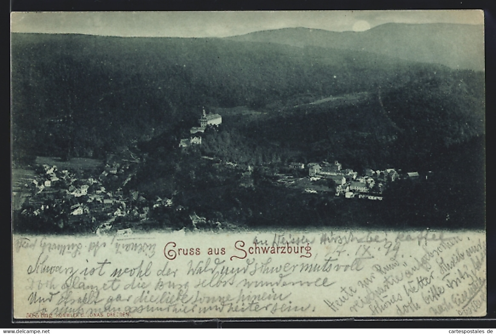 Mondschein-AK Schwarzburg, Ortsansicht Aus Der Vogelschau  - Other & Unclassified