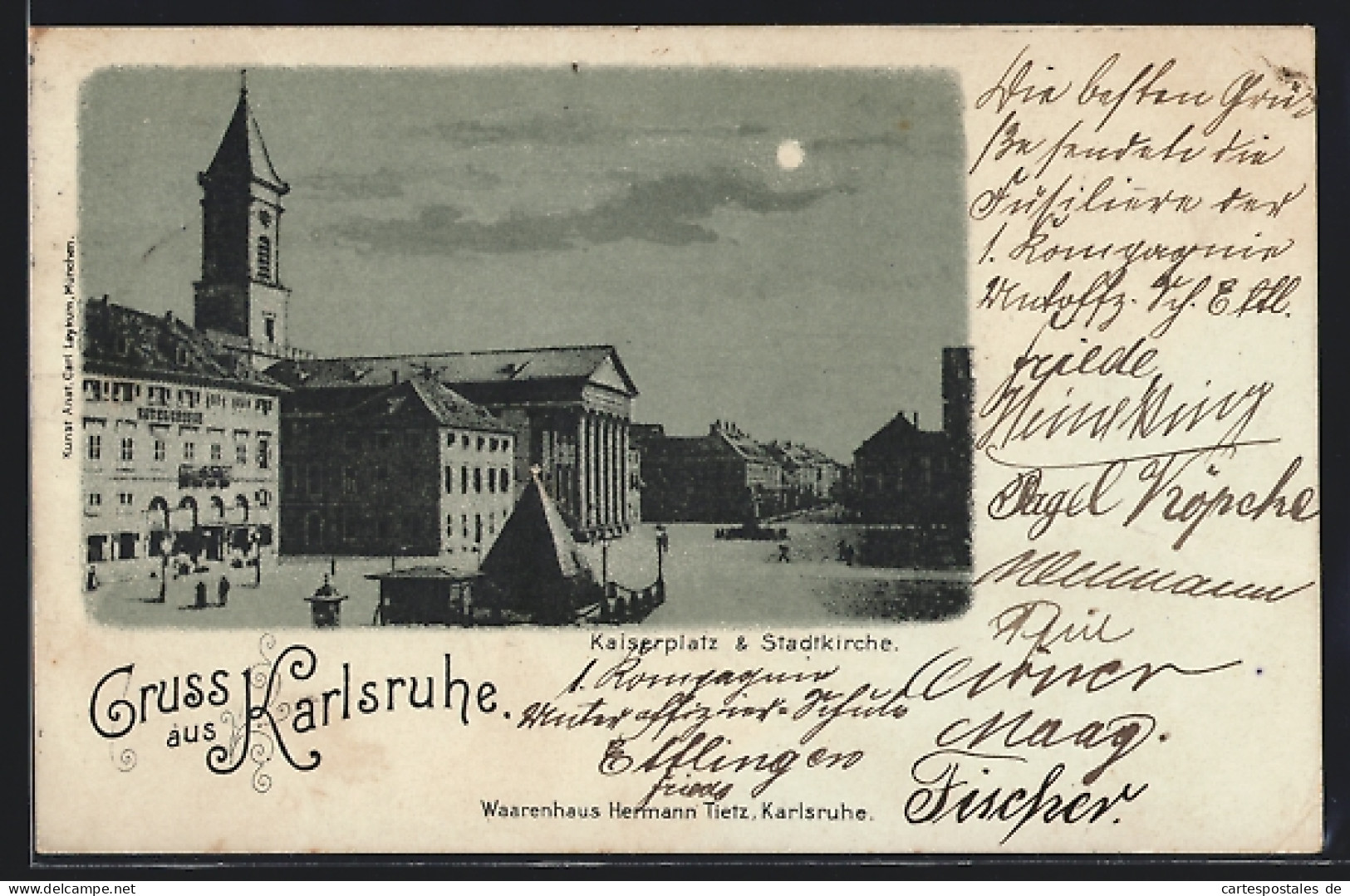 Mondschein-AK Karlsruhe, Kaiserplatz Mit Stadtkirche  - Karlsruhe