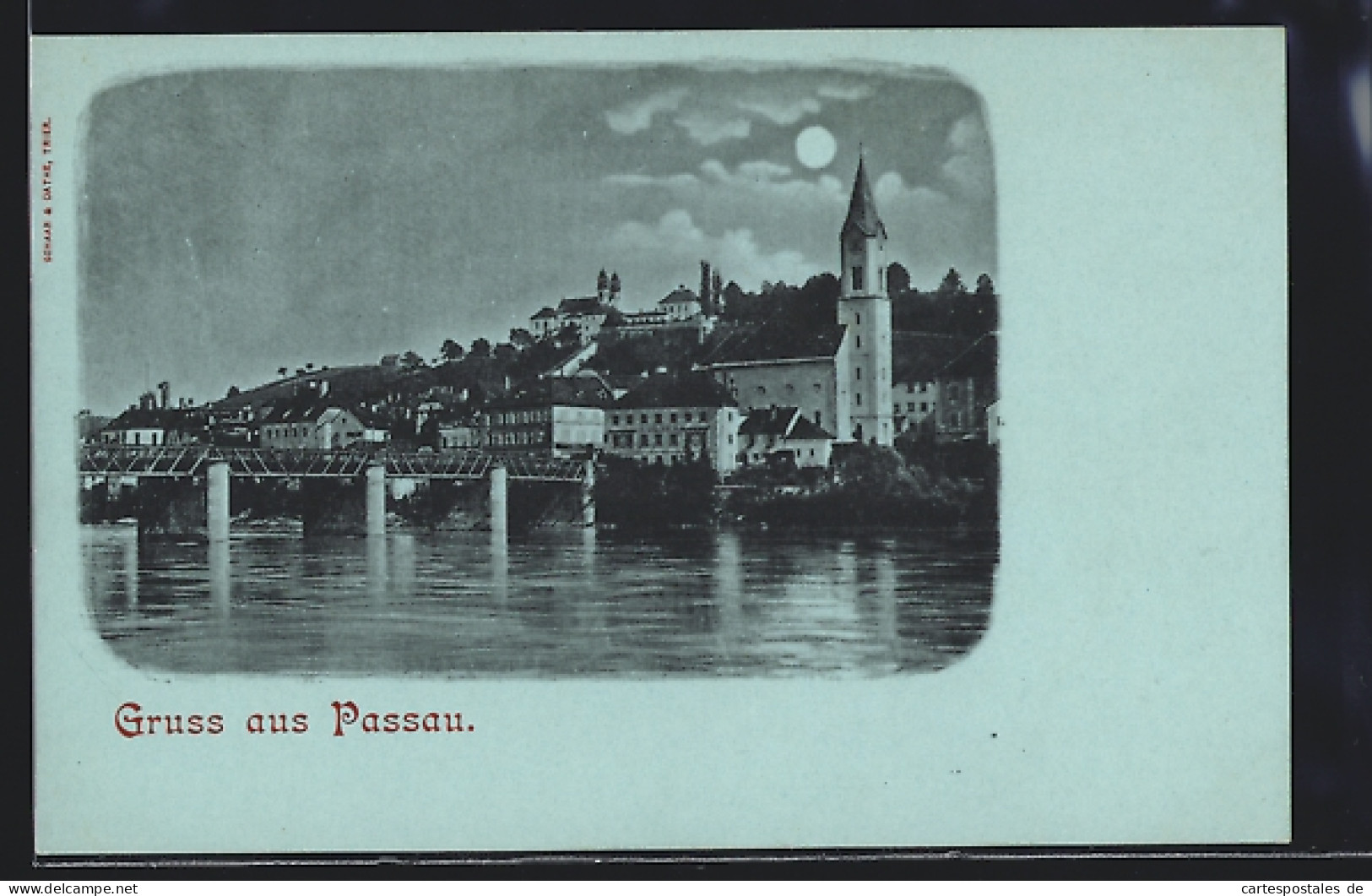 Mondschein-AK Passau, Ortsansicht Mit Brücke Und Kirche  - Passau