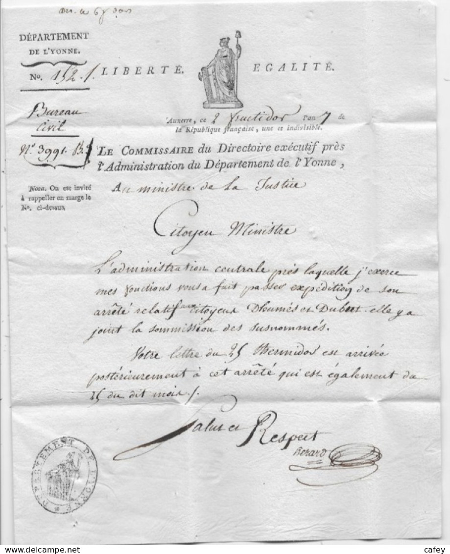 Département De L'YONNE Période Révolutionnaire Lettre D'AUXERRE AN 7 Griffe DEPT DE L'YONNE  Le Commissaire Central - 1701-1800: Vorläufer XVIII