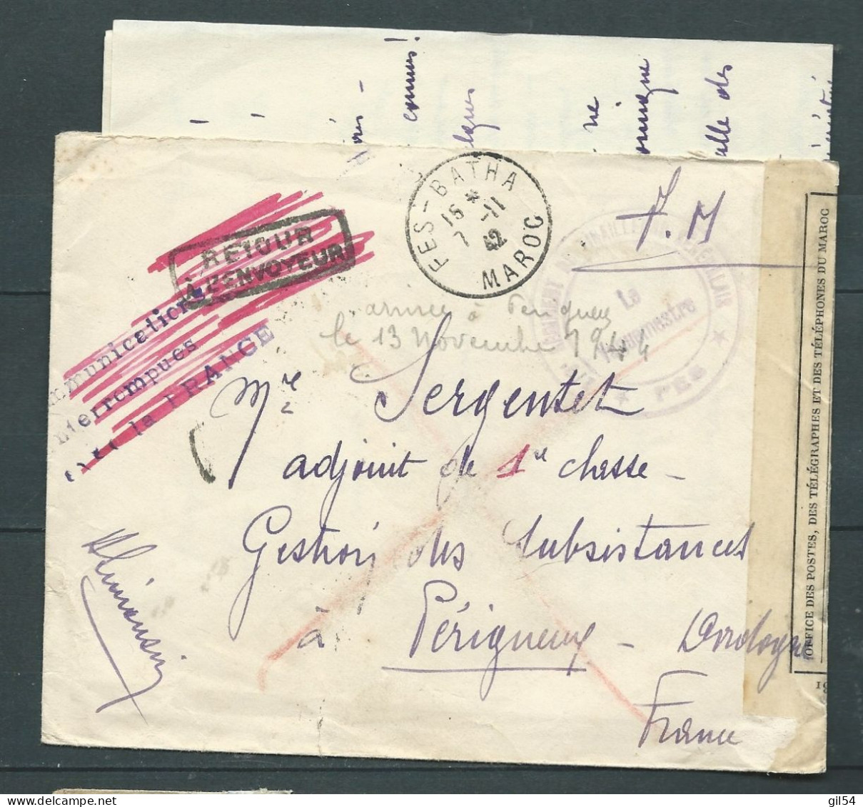LaC En FM. De Fez-Batha Maroc Pr Périgueux Obli. 7/11/1942, Retour à L'envoyeur Com.  Interrompue Avec FR-    LP 32908 - Guerre De 1939-45