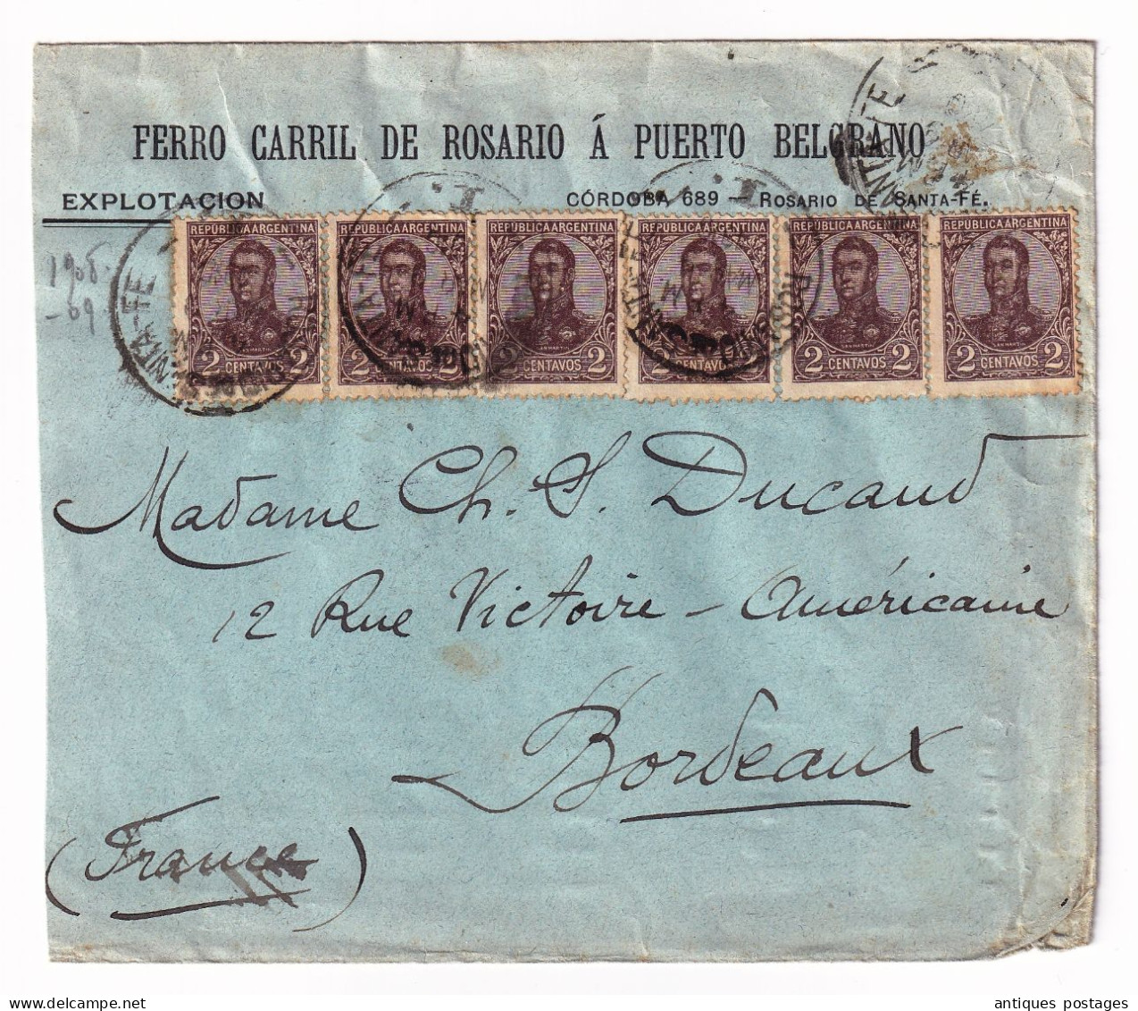 Rosario De Santa Fe 1910 Argentina Ferrocarril Rosario A Puerto Belgrano Argentine Chemin De Fer Train Bordeaux - Lettres & Documents