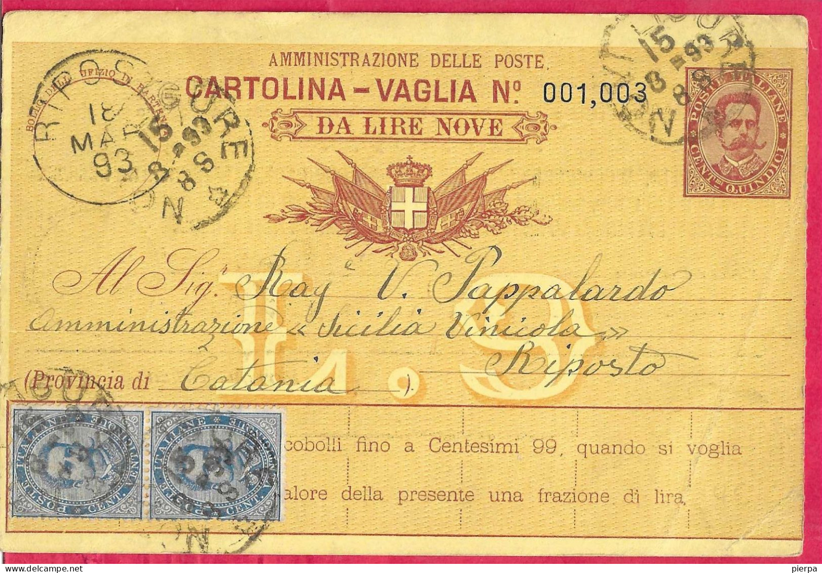 INTERO CARTOLINA-VAGLIA UMBERTO C.15 DA LIRE 9 (+ COPPIA C.25X2)(CAT. INT.13) - DA NOVI LIGURE*15.MAR.93* PER RIPOSTO - Entero Postal