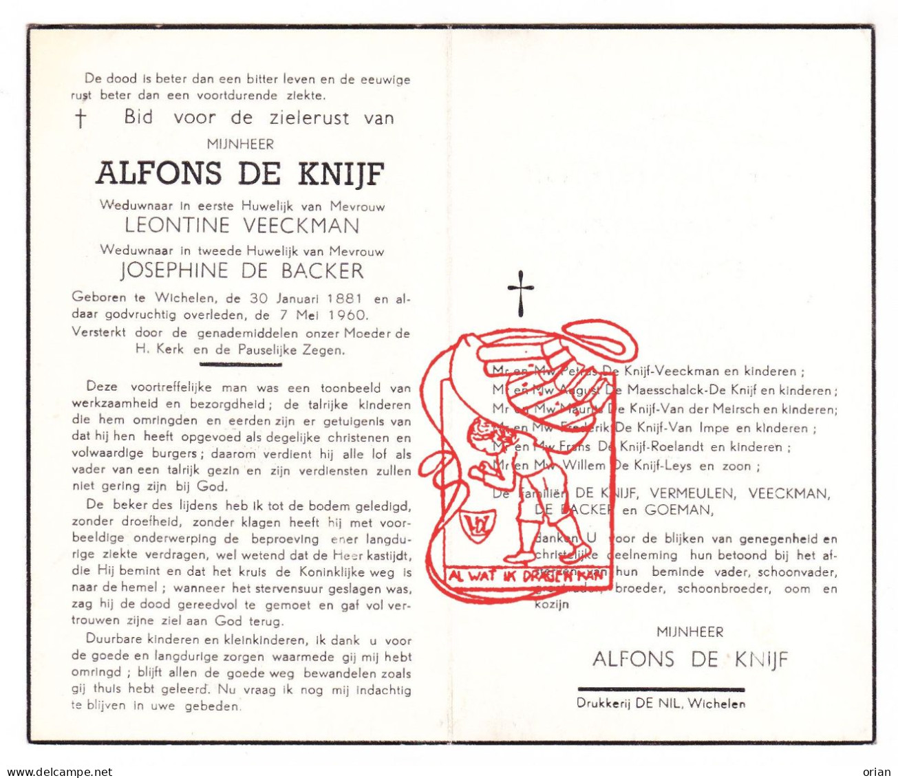 DP Alfons De Knijf ° Wichelen 1881 † 1960 Veeckman De Backer // De Maesschalck Roelandt Van Impe Leys Vermeulen Goeman - Devotieprenten