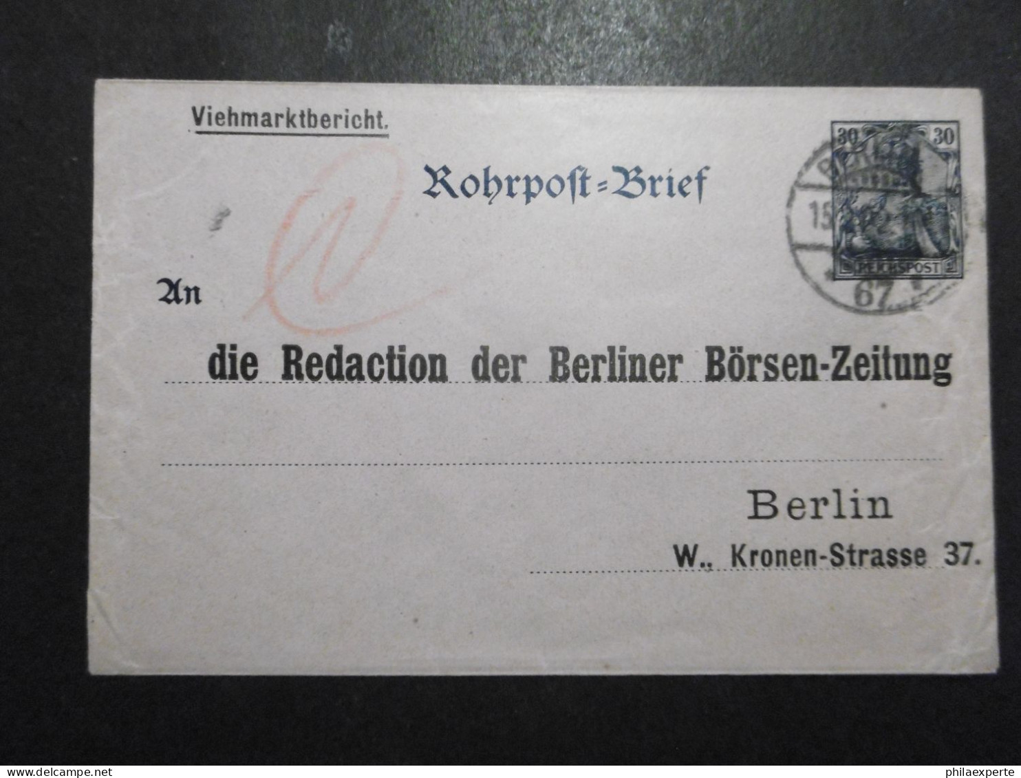Deutsches Reich Mi. GA Umschlag RP 4 Privater Zudruck Viehmarktbericht 15.2.1902 Berlin Knitterspuren - Briefe