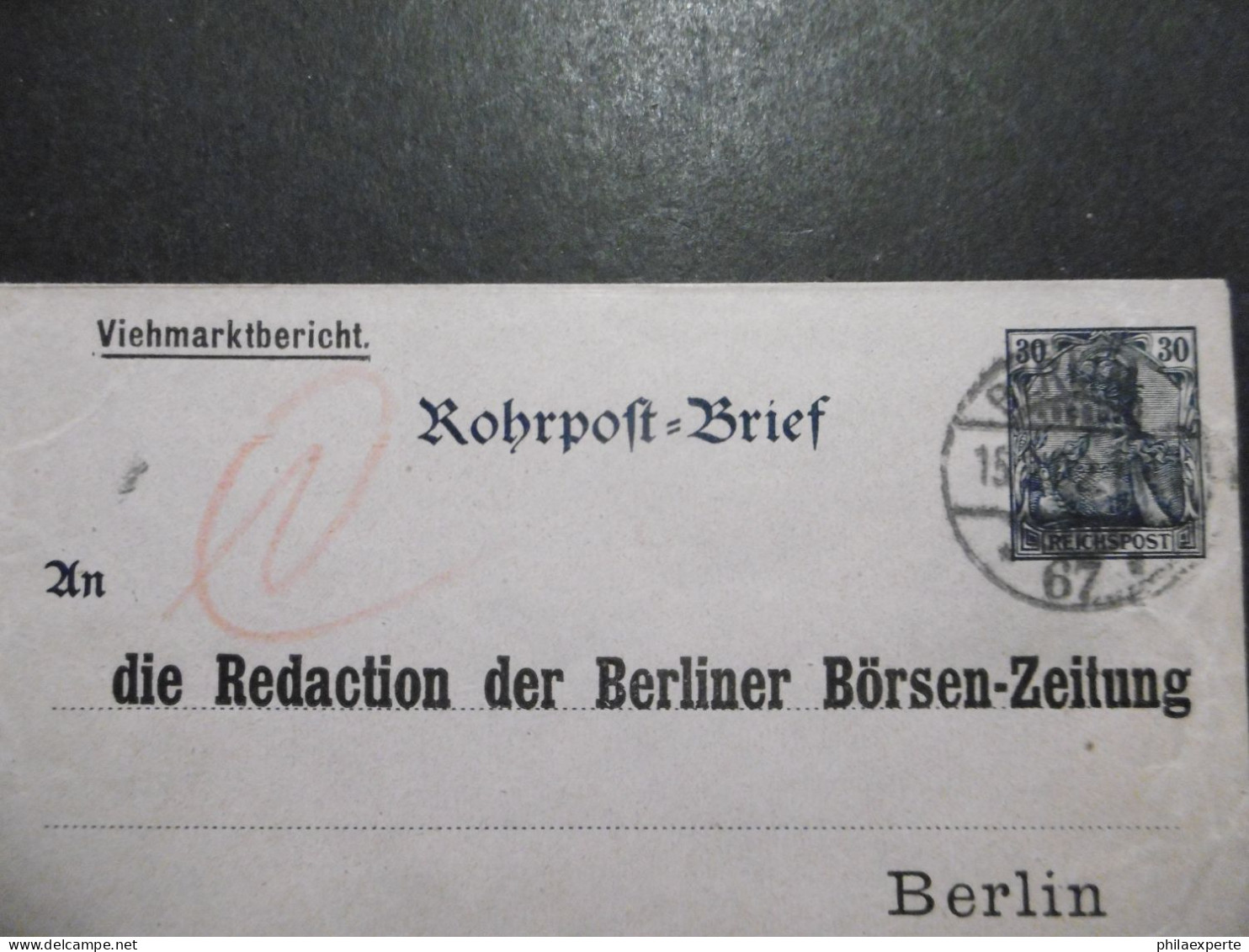 Deutsches Reich Mi. GA Umschlag RP 4 Privater Zudruck Viehmarktbericht 15.2.1902 Berlin Knitterspuren - Enveloppes