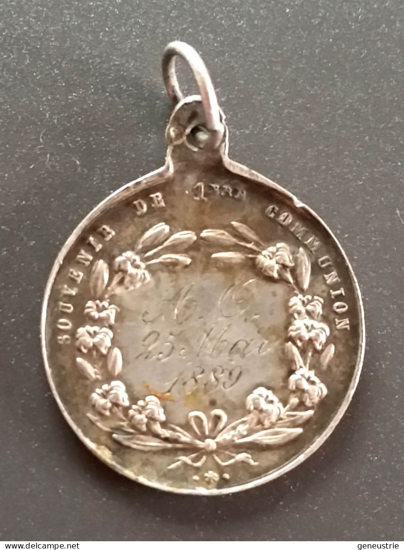 Pendentif Médaille Religieuse Fin XIXe Argent 800 "Souvenir De 1ère Communion - 1889" Religious Medal - Religión & Esoterismo