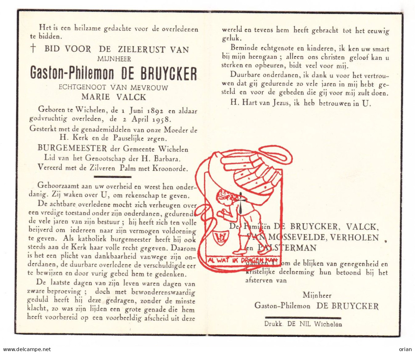 DP Burgemeester Wichelen - Gaston De Bruycker ° Wichelen 1892 † 1958 X Marie Valck // Van Mossevelde Verholen Palsterman - Andachtsbilder