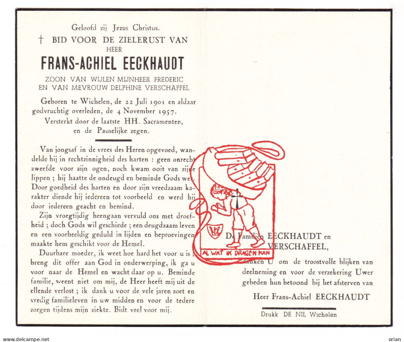 DP Frans Achiel Eeckhaudt / Verschaffel ° Wichelen 1901 † 1957 - Devotieprenten
