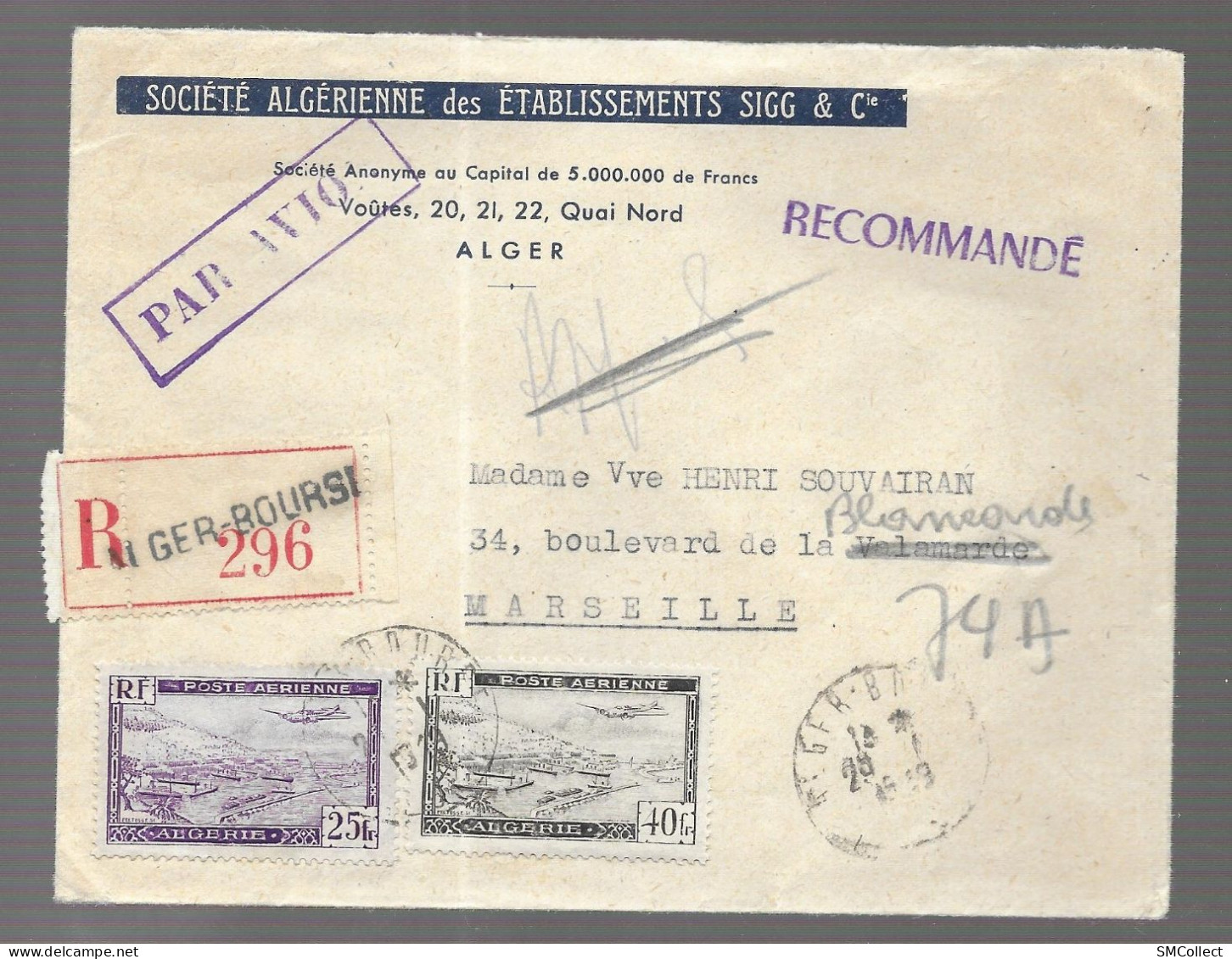 Algérie. 2 Lettres Recommandées, Société Algérienne Des établissements Sigg & Cie. Poste Aérienne Alger Vers Marseille - Storia Postale