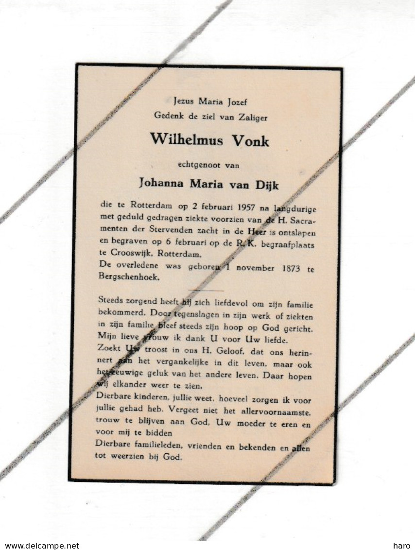 Doodsprentje - Wilhelmus VONK Echt. Van J. Van Dijk - ROTTERDAM 1957 (B374) - Obituary Notices