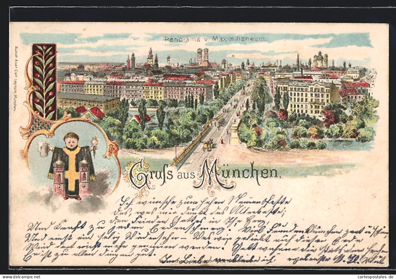 Lithographie München, Panorama V. Maximilianeum., Maximilianbrücke  - Muenchen