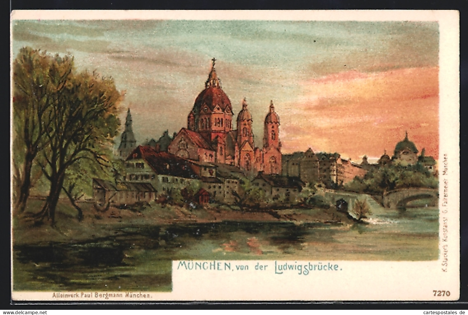Lithographie München, Teilansicht Mit Kirche Von Der Ludwigsbrücke Aus  - Muenchen