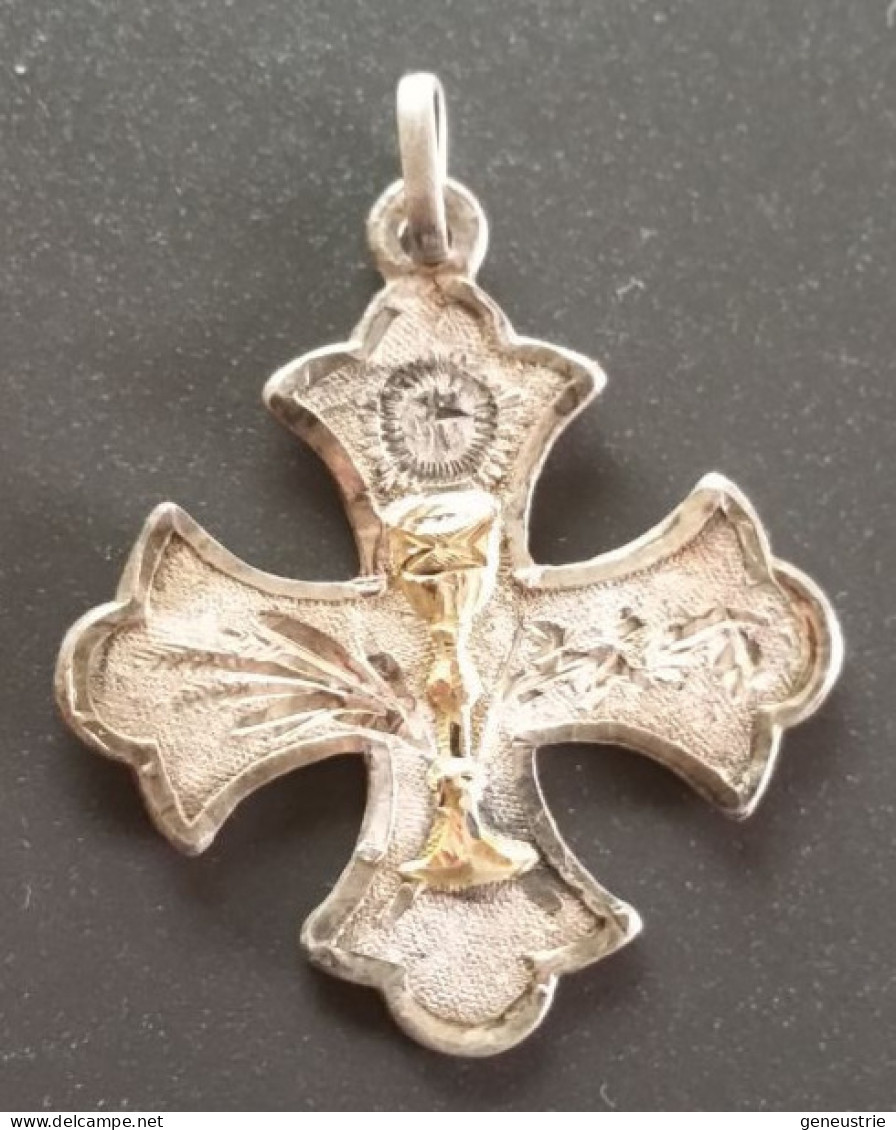 Pendentif Médaille Croix Religieuse Fin XIXe Argent 800 Et Or  "Souvenir De Communion" Religious Medal - Godsdienst & Esoterisme