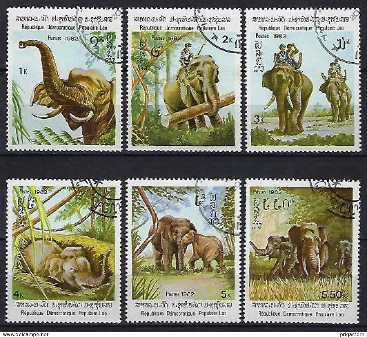 Eléphants Laos 1982 (604) Yvert 376 à 381 Oblitérés Used - Eléphants