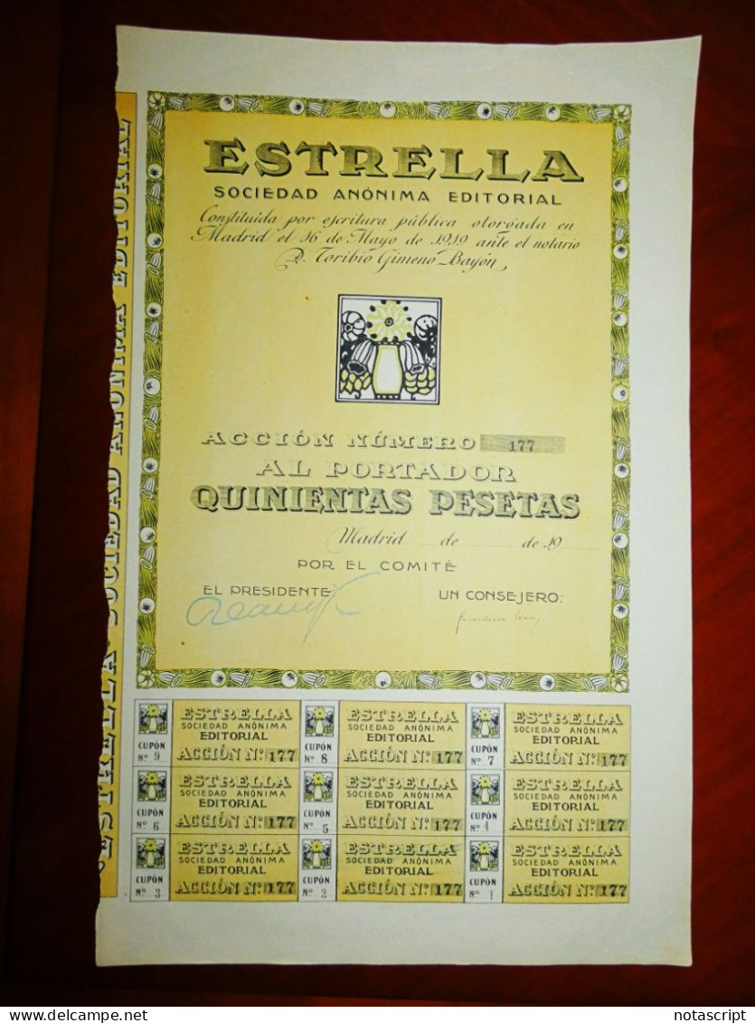 Estrella SA Editorial  Madrid 1919. Share Certificate - Otros & Sin Clasificación