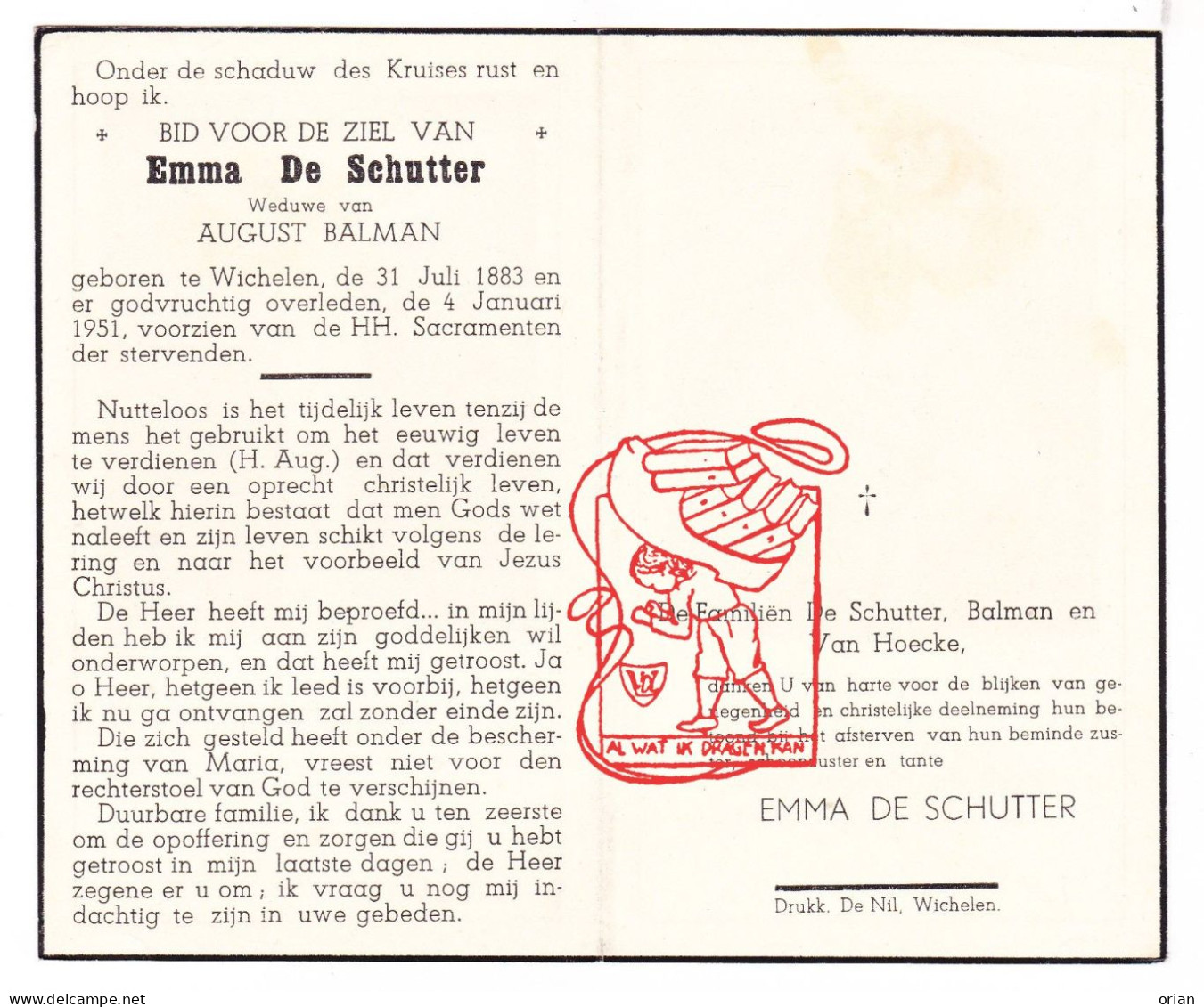 DP Emma De Schutter ° Wichelen 1883 † 1951 X August Balman // Van Hoecke - Devotieprenten