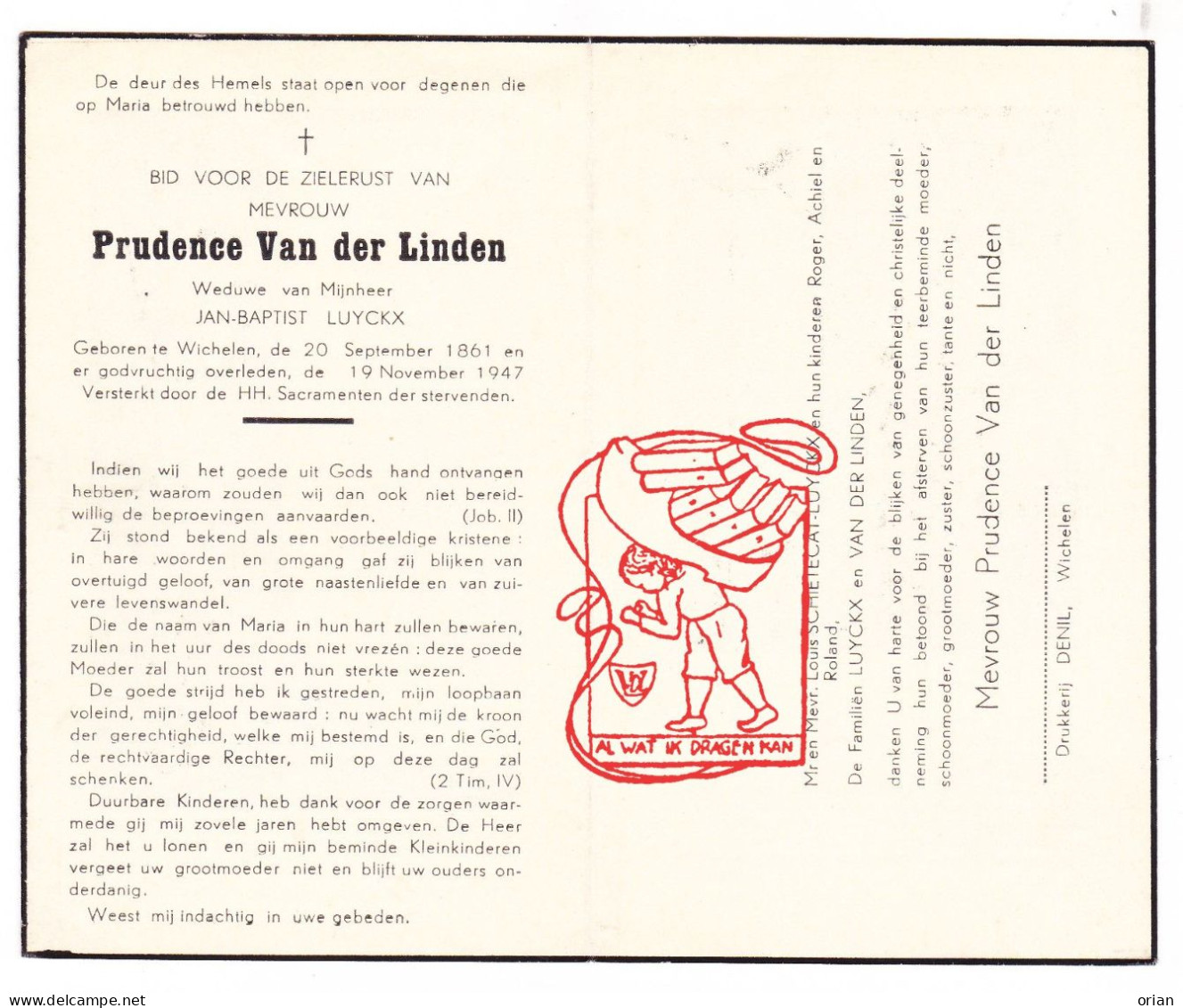 DP Prudence Van Der Linden Vanderlinden ° Wichelen 1861 † 1947 X JB Luyckx // Schietecat - Images Religieuses