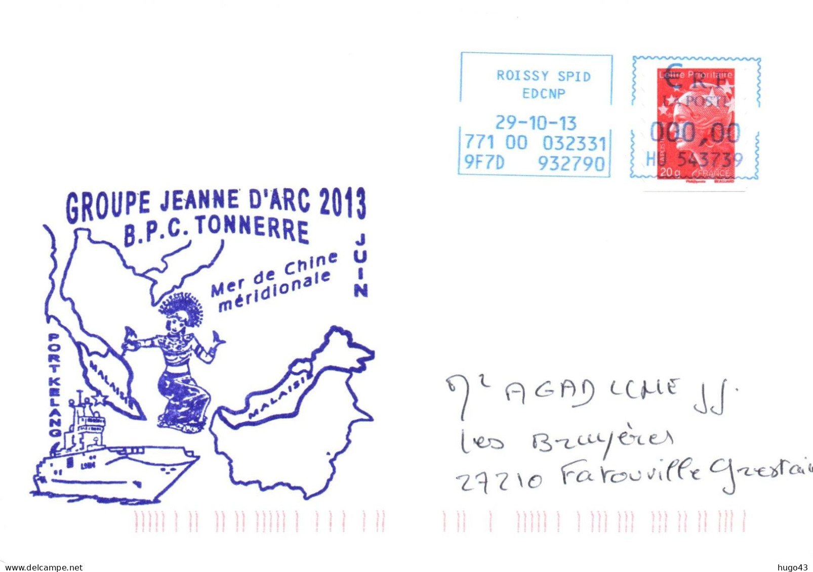 ENVELOPPE AVEC CACHET B.P.C. TONNERRE - GROUPE JEANNE D' ARC 2013 - MER DE CHINE MERIDIONALE LE 29/10/13 - Scheepspost