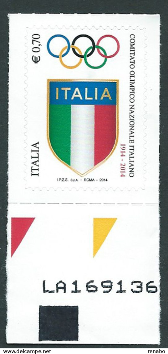 Italia 2014; CONI, Comitato Olimpico Nazionale Italiano. Francobollo Di Bordo Inferiore. - 2011-20: Mint/hinged