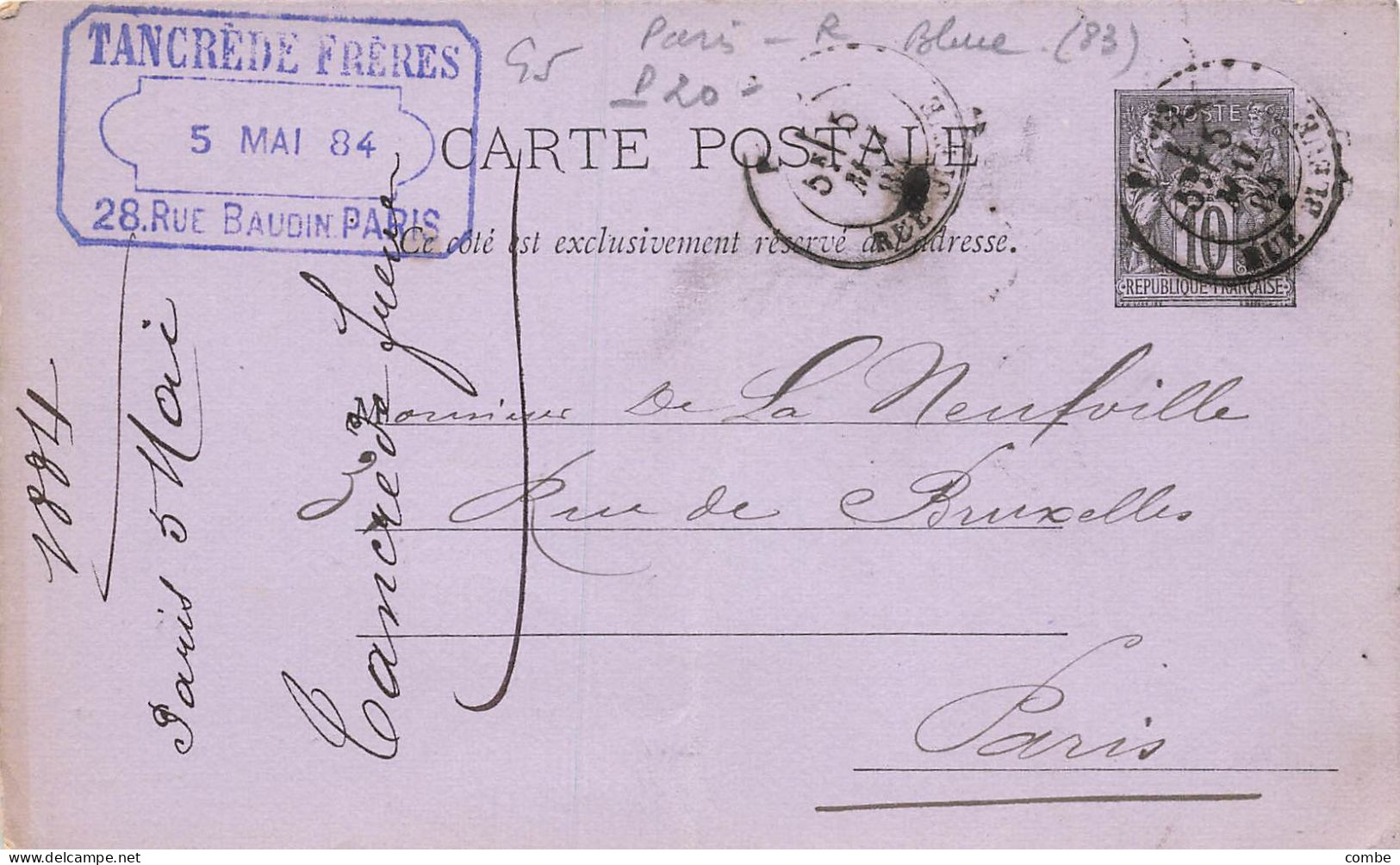 CARTE. ENTIER SAGE. PARIS. 1884. RUE BLEUE. TANCREDE FRERES RIE BAUDIN - 1877-1920: Semi-moderne Periode