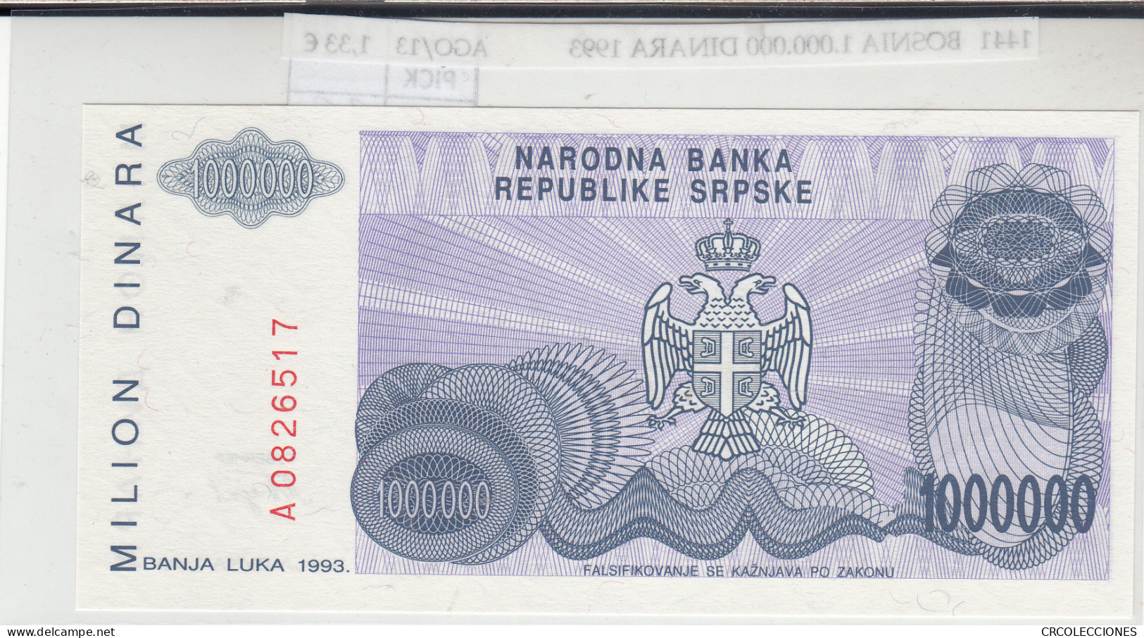 BILLETE BOSNIA HERZEGOVINA 1.000.000 DINARA 1993 P-155a  - Sonstige – Europa